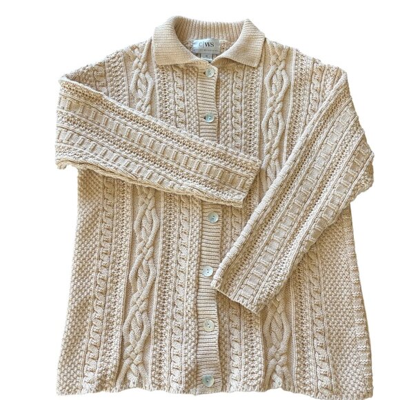 Plus SZ Cotton Cardigan Cable Knit With Collar & Shell Buttons Casual Workstyles - Picture 1 of 5